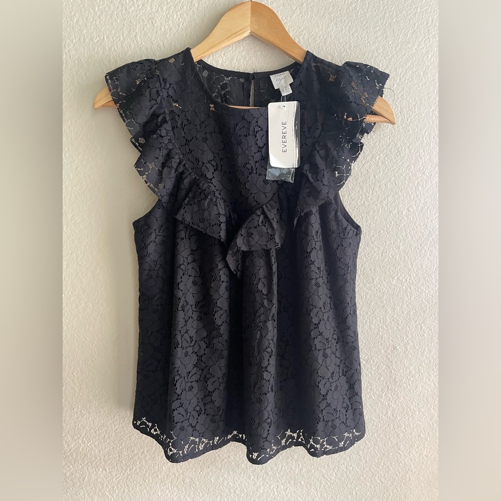 Evereve Black Lace Ruffle Top NWT Size XS Romantic Feminine Blouse